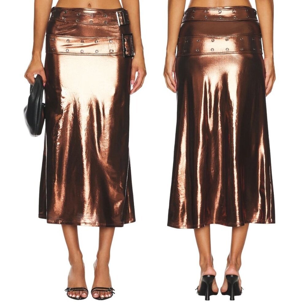 NEW WeWoreWhat Double Belt Midi Skirt, Brown Bronze Shimmer - Size 4